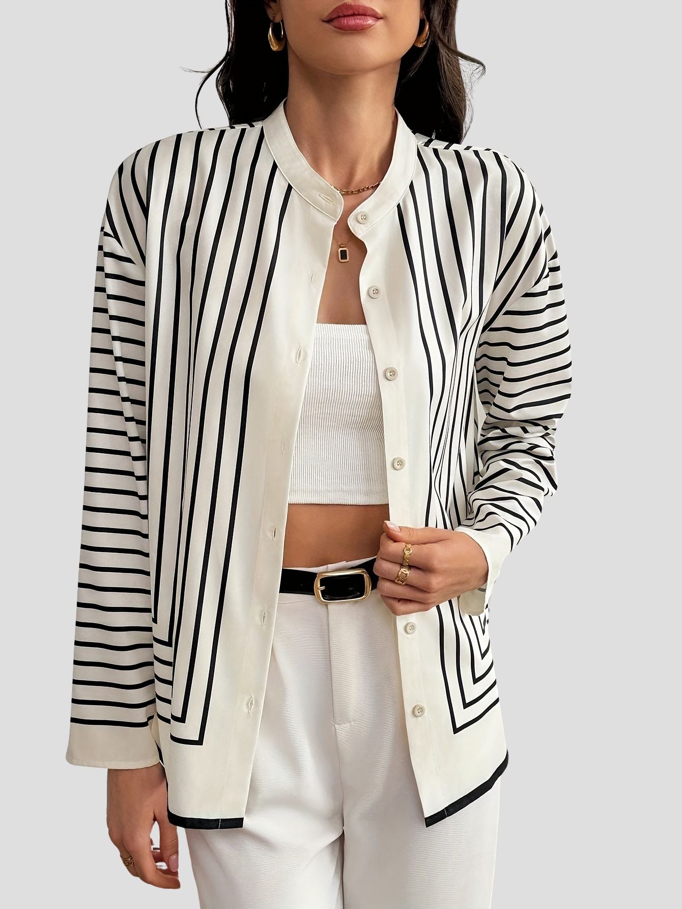 Striped Button Up Polyester Long Sleeve Blouse