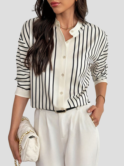 Striped Button Up Polyester Long Sleeve Blouse