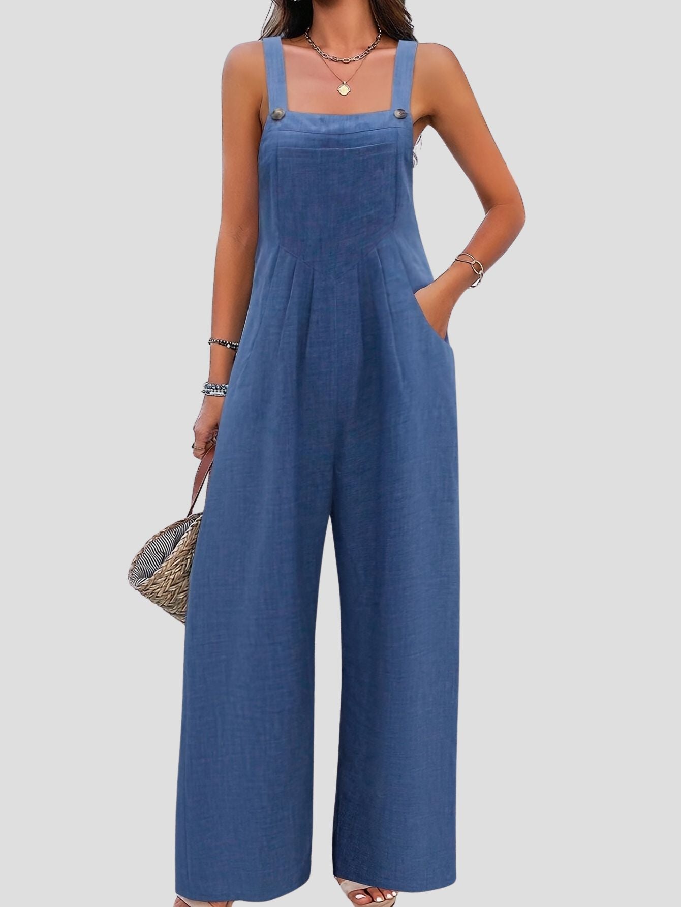 Solid  Pleated Pocket Overalls