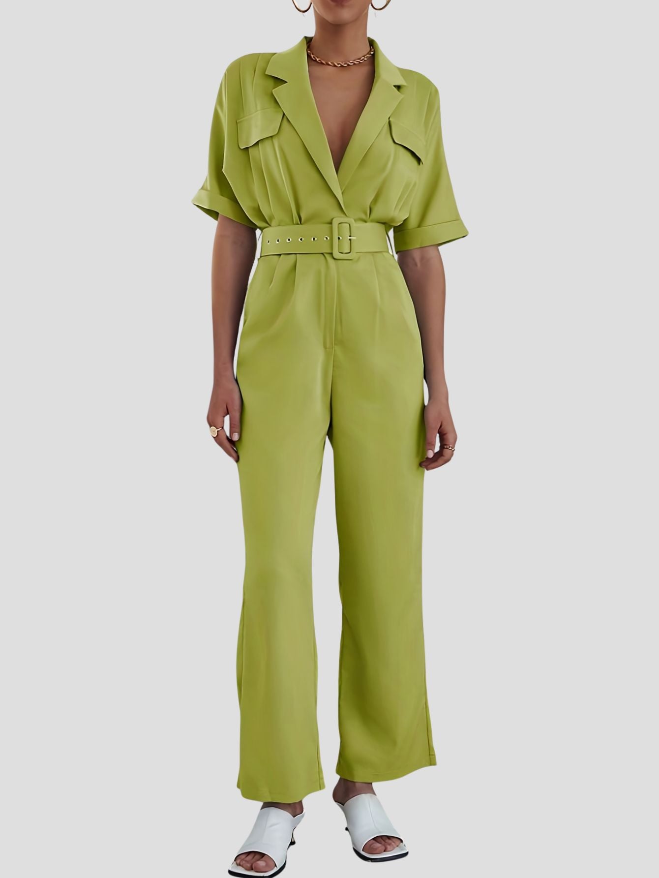 Short Sleeve Solid Jumpsuit with Belt and Pockets