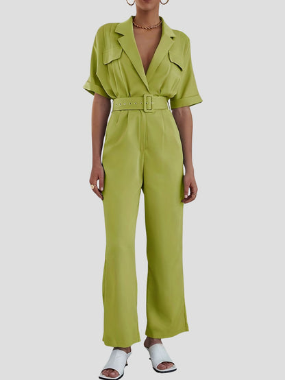 Short Sleeve Solid Jumpsuit with Belt and Pockets