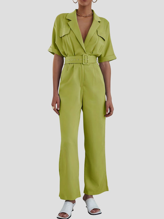 Short Sleeve Solid Jumpsuit with Belt and Pockets