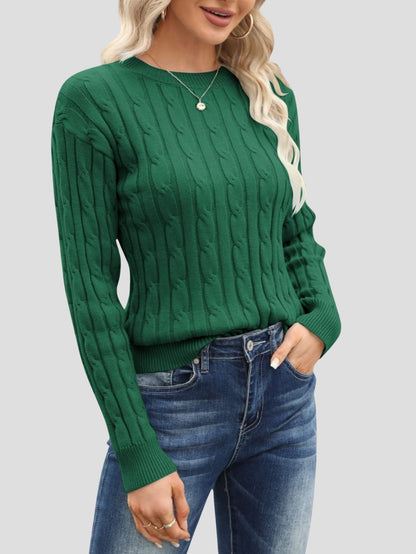 Green Ribbed Round Neck Casual Sweater