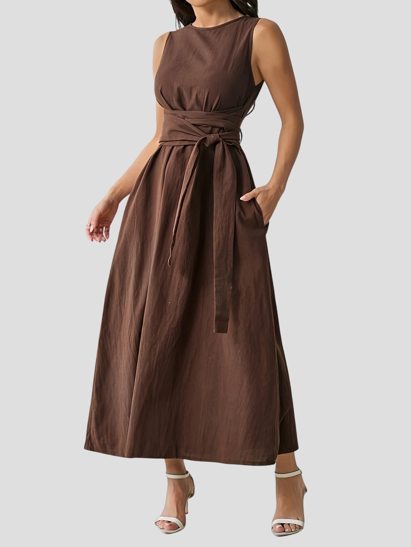 Sleeveless Brown Dress with Bow