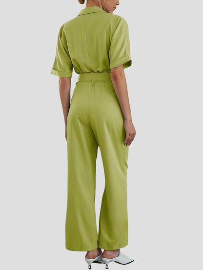 Short Sleeve Solid Jumpsuit with Belt and Pockets