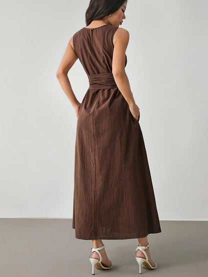 Sleeveless Brown Dress with Bow