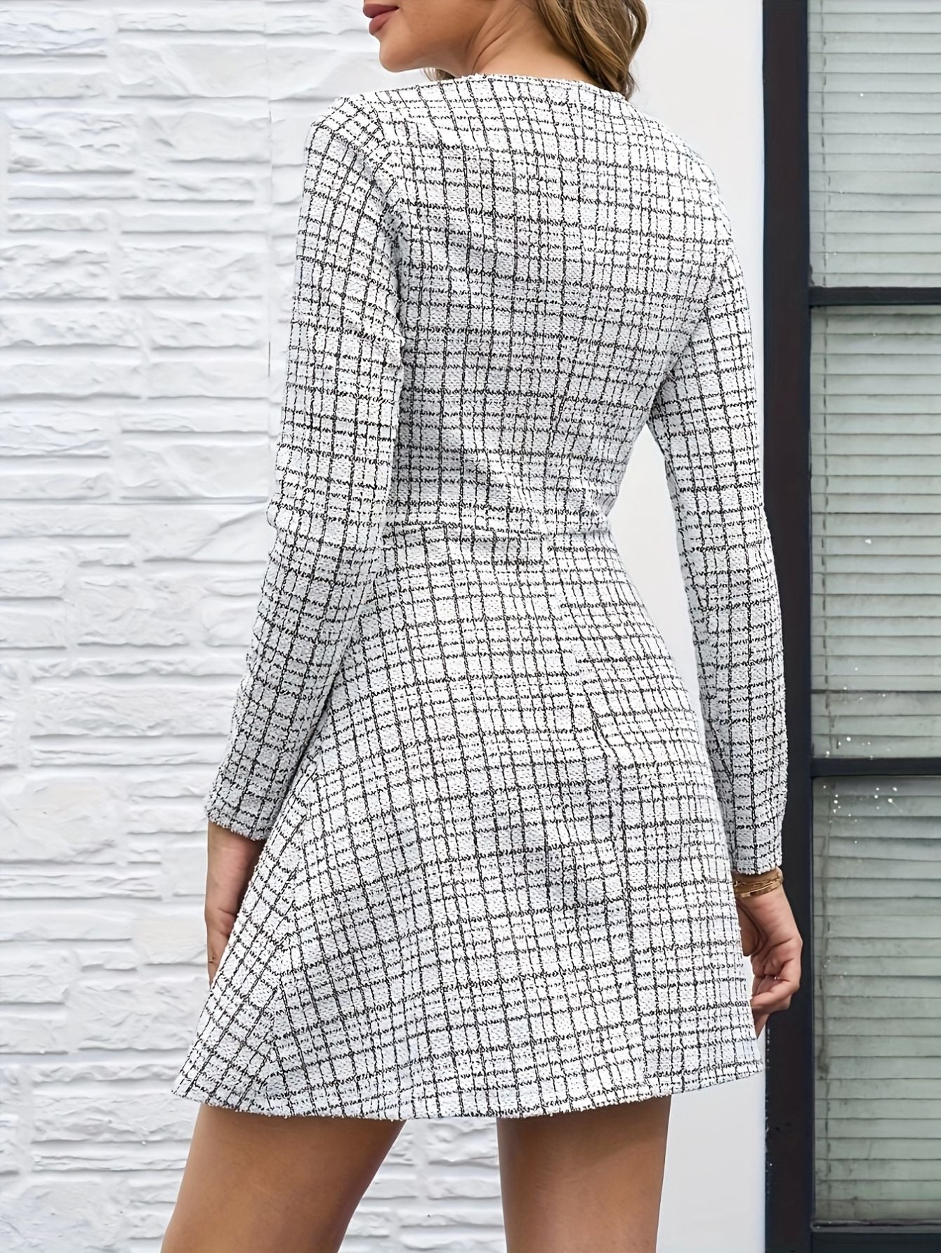 Square Grid Long Sleeve Mini Dress