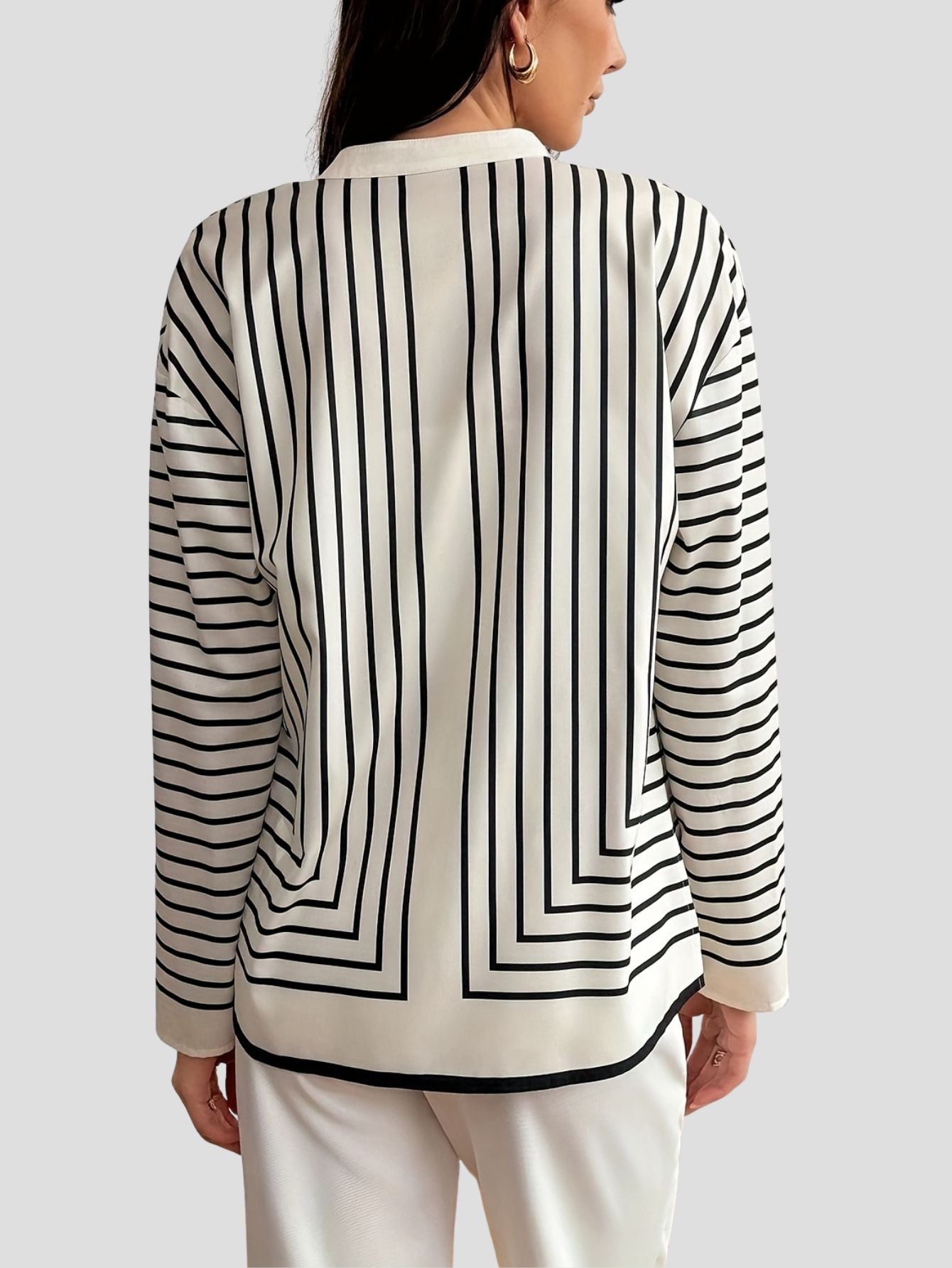 Striped Button Up Polyester Long Sleeve Blouse