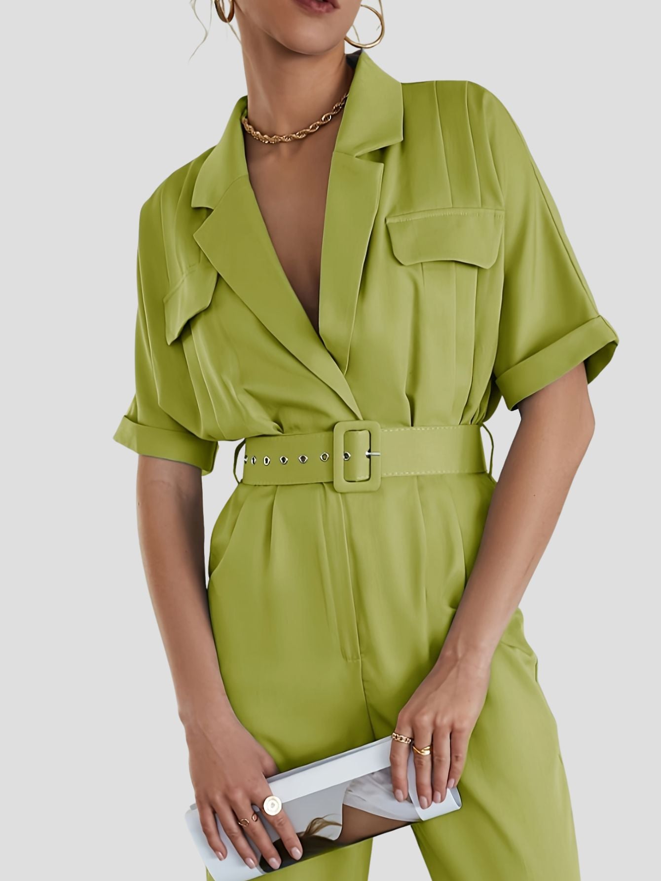 Short Sleeve Solid Jumpsuit with Belt and Pockets