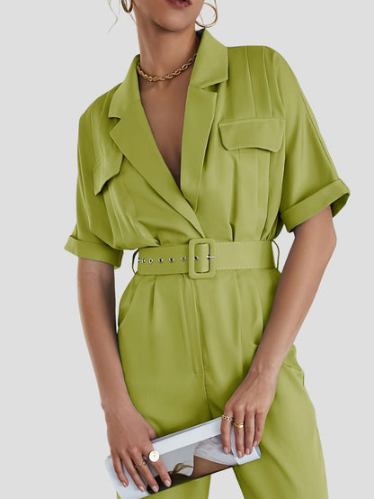 Short Sleeve Solid Jumpsuit with Belt and Pockets