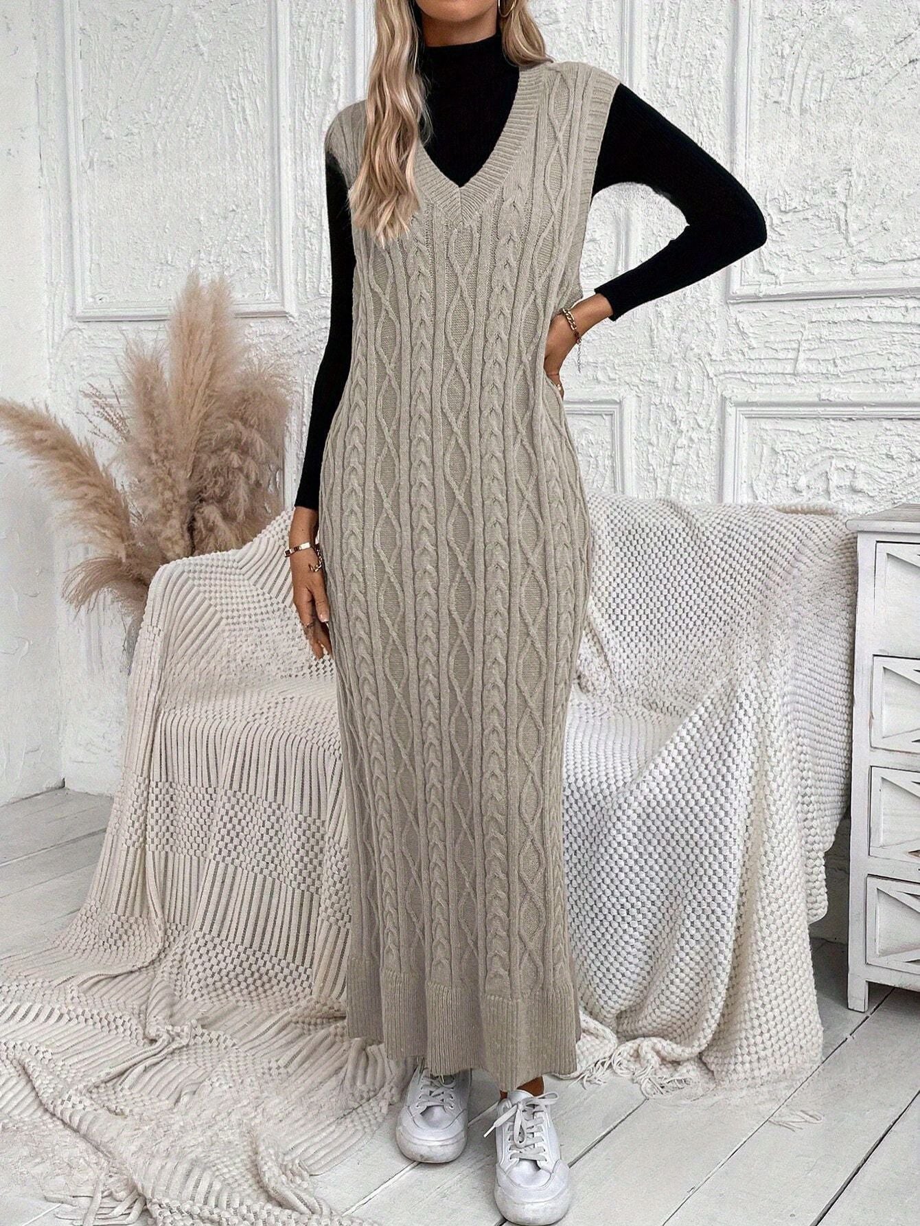 Long Knitted V-Neck Dress