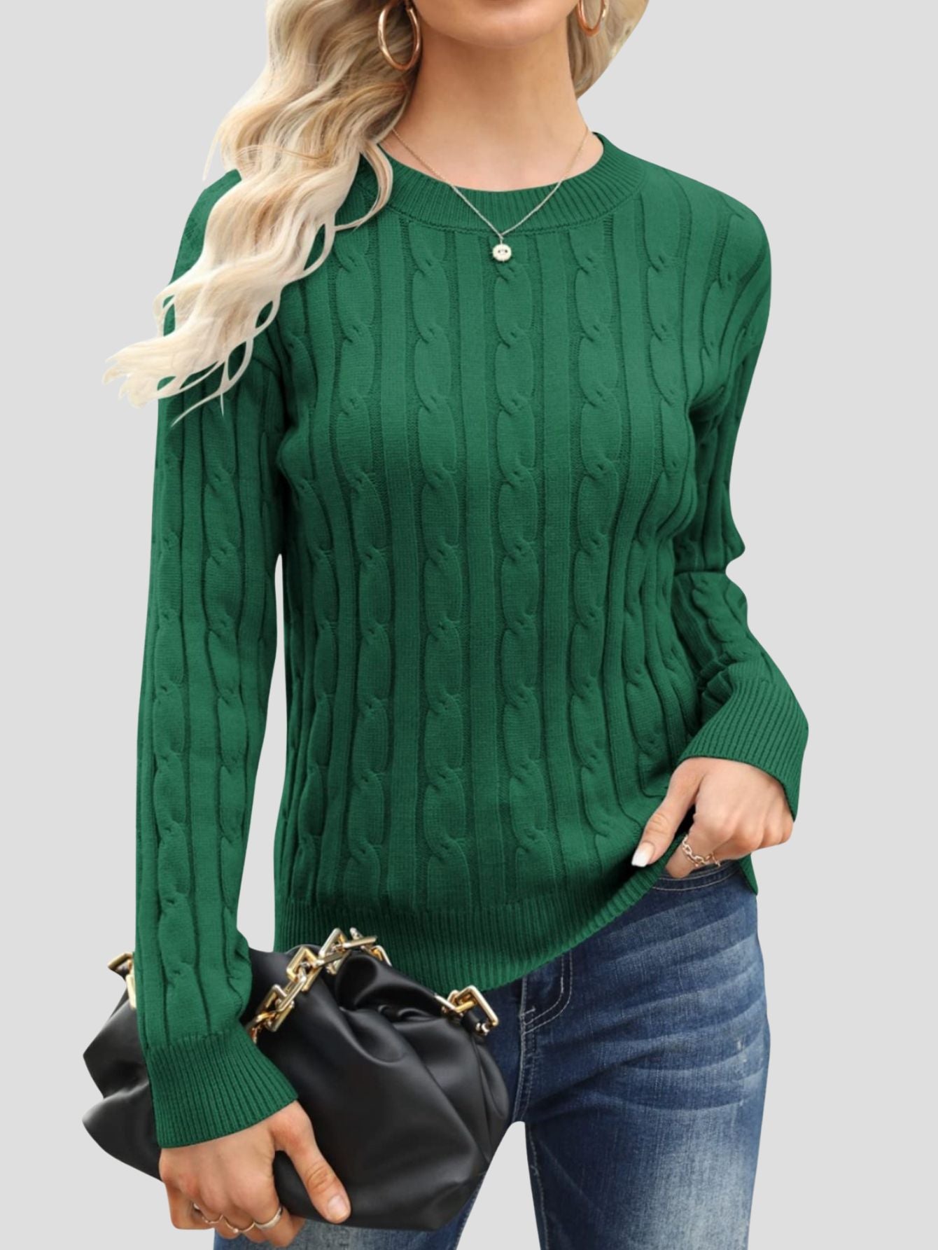 Green Ribbed Round Neck Casual Sweater