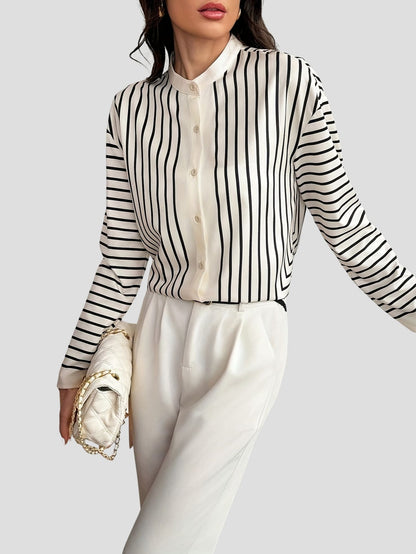 Striped Button Up Polyester Long Sleeve Blouse