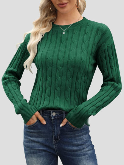 Green Ribbed Round Neck Casual Sweater