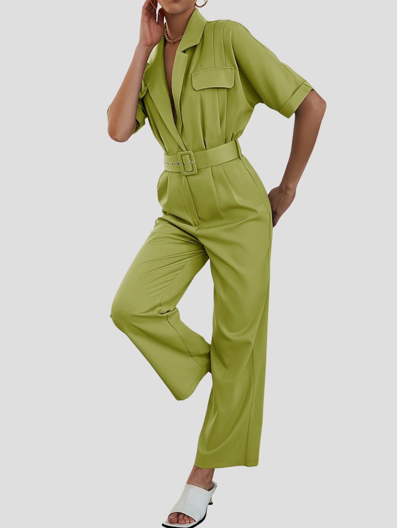 Short Sleeve Solid Jumpsuit with Belt and Pockets