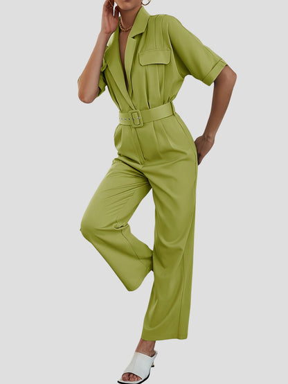 Short Sleeve Solid Jumpsuit with Belt and Pockets