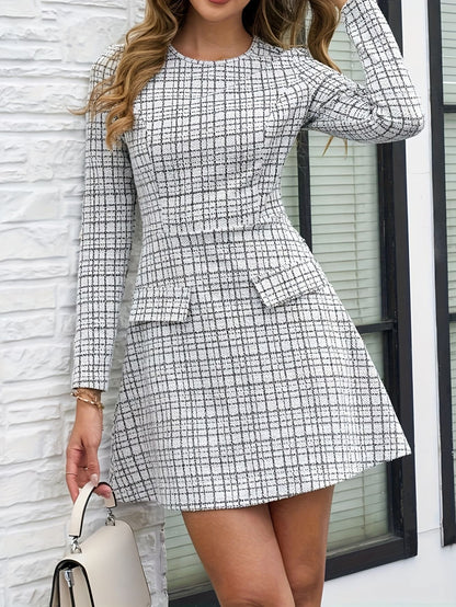 Square Grid Long Sleeve Mini Dress