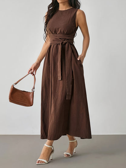 Sleeveless Brown Dress with Bow
