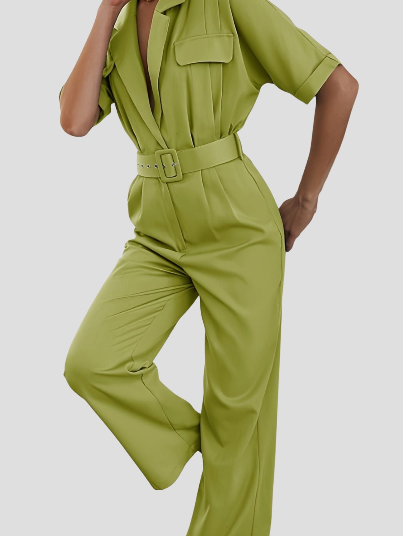 Short Sleeve Solid Jumpsuit with Belt and Pockets